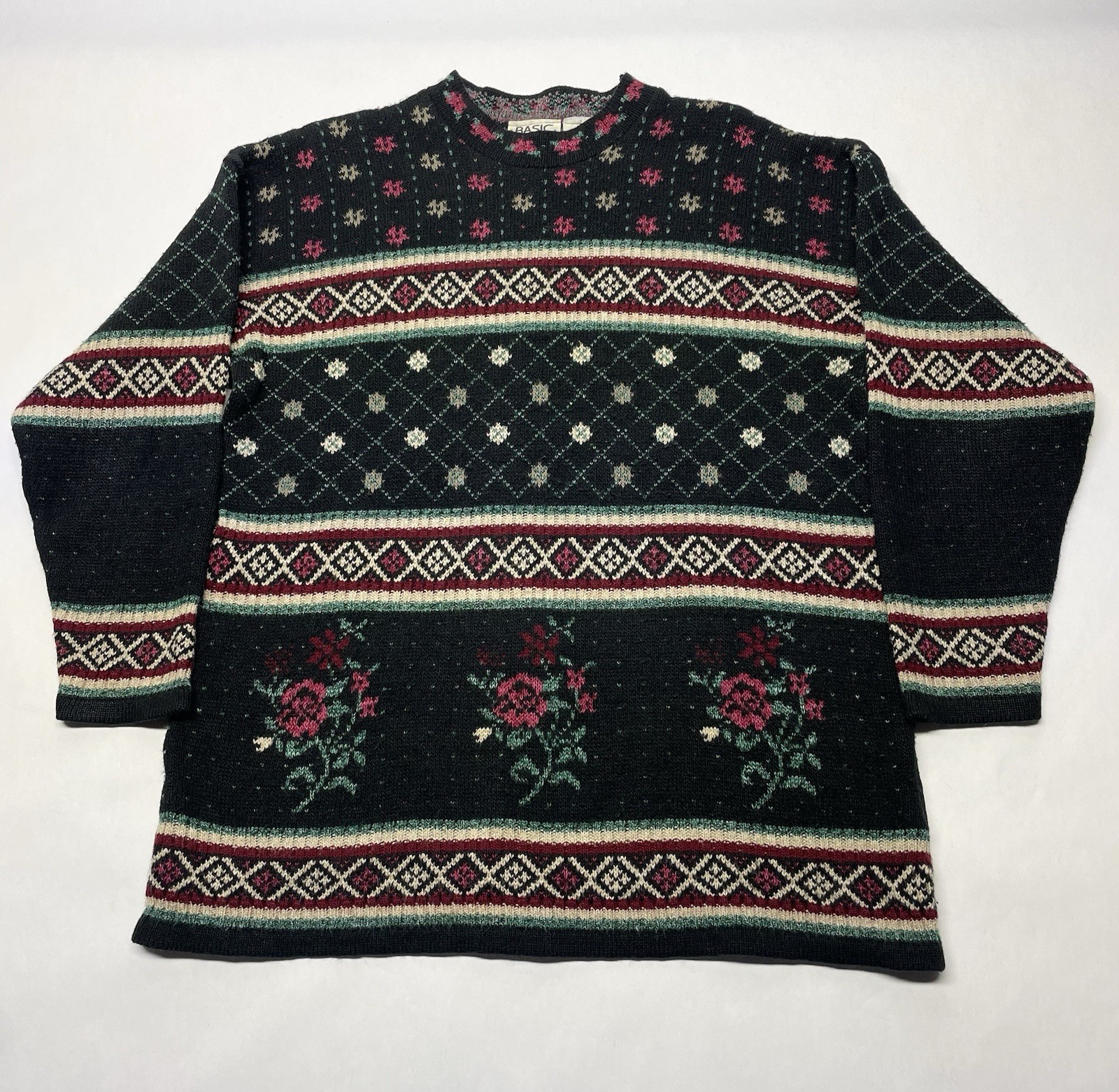 VTG Floral Rose Knit Fuzzy Sweater Sz L Cottagecore Boho Grannycore 80s 90s USA