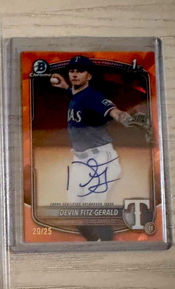 DEVIN FITZ-GERALD 2025 BOWMAN CHROME SAPPHIRE 1ST ORANGE AUTO # /25 🔥Rangers🔥