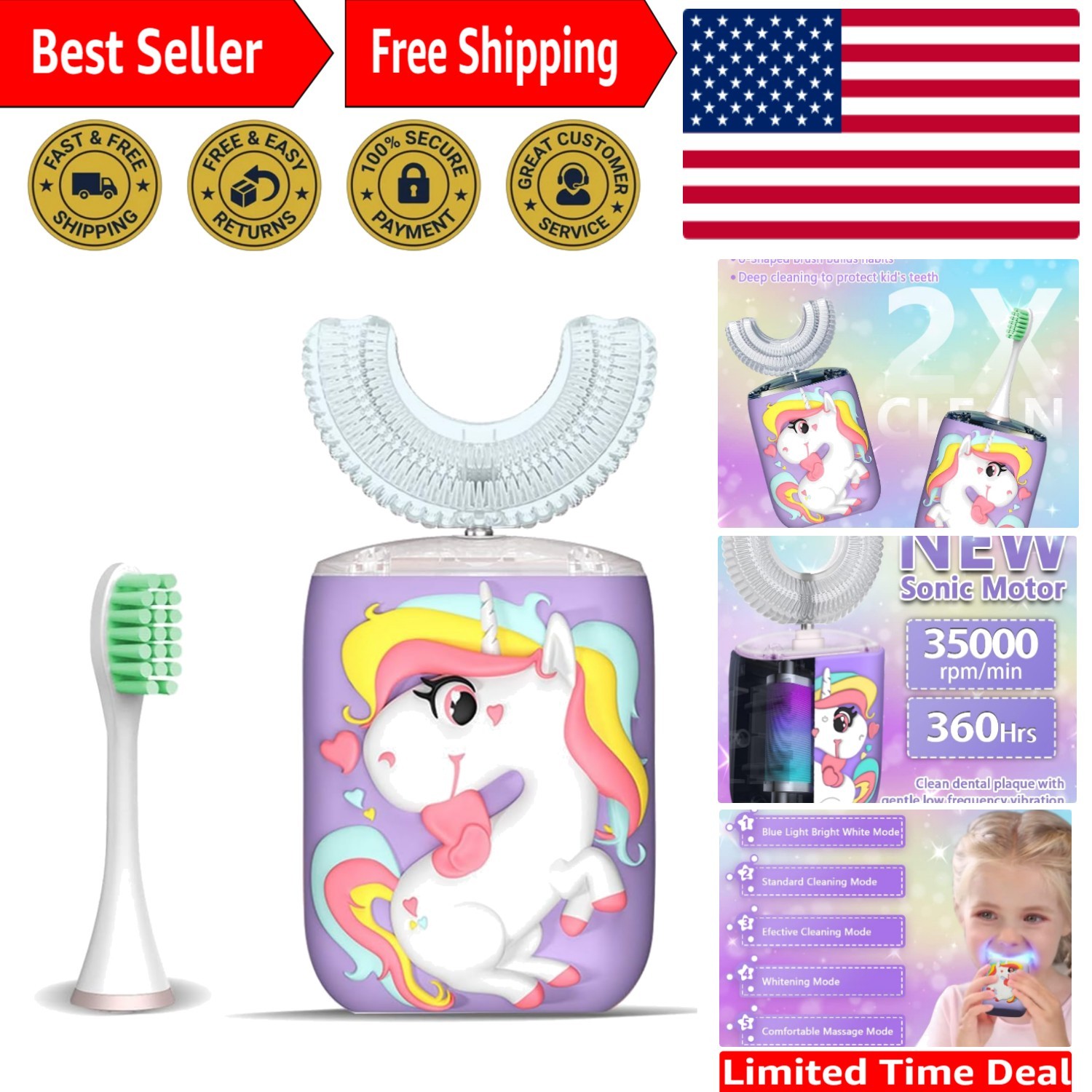 Kids Toothbrush Electric, U Shaped Ultrasonic Automatic Toot