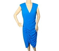 Badgley Mischka Dress Womens Size 6 Blue BSD4826 Ruched Sheath Midi Cap Sleeve