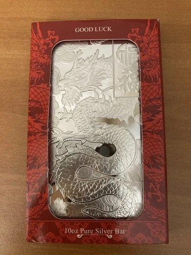 Pamp Suisse 10oz 999.99% Pure Silver Good Luck Dragon Bar in Capsule & Sleeve