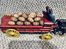 Vintage Cast iron Clydesdale Beer Wagon, Horse Drawn Cart, 2 Drivers, Barrels