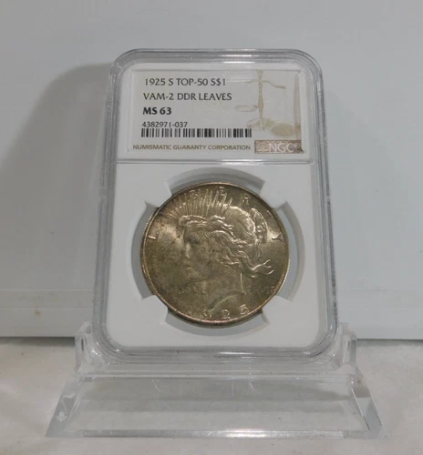 TOP 50!  1925-S  PEACE "VAM-2 DDR LEAVES" Silver Dollar, NGC MS-63!