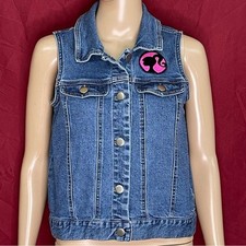 Barbie Medium Wash Denim Vest Embroidered Logo Back Graphic Size XL 14/16