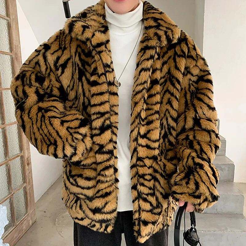 Men Faux Fur Coat Turn-down Collar Tiger Print Warm Plush Jacket