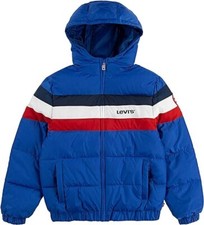Girls' Levi s 85 Blue Hooded Cropped Puffer Jacket w/Logo, Inset Stripes NWT