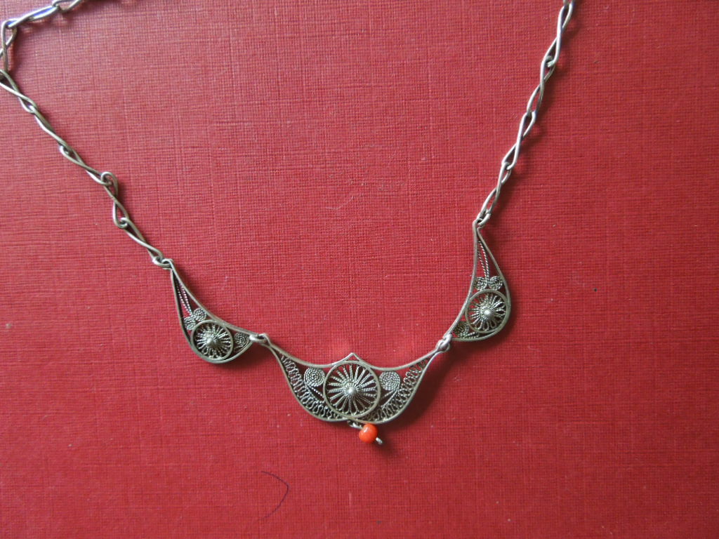 J2916 ANTIQUE  SOLID SILVER  FILIGREE  NECKLACE +… - image 1
