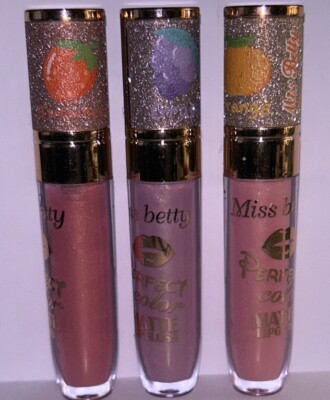 (3) Miss Betty Perfect Color Matte Lip  Gloss, Strawberry, Grape, And Orange