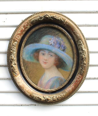 Antique French School Pastel Portrait of Girl w/Blue Hat Wood Frame 19th Cent