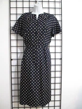 VINTAGE NELLY DON 🌸SZ 6 / 8 / 40" BUST==NAVY BLUE & BEIGE POLKA DOT /  DRESS