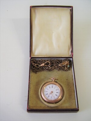Antike Schöne 333 Gold Damen Taschenuhr mit Halskette im Etui um