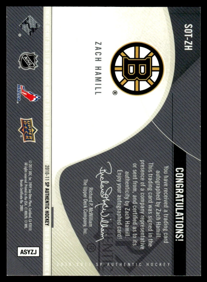 2010-11 SP Authentic Sign of the Times Zach Hamill Auto Boston Bruins #SOT-ZH - Image 2 of 2