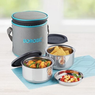 Borosil Stainless Steel Lunbox with Carry Bag Set 280 ml x