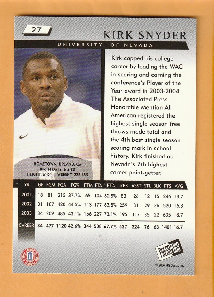 Kirk Snyder Nevada Wolfpack 2004 Press Pass #27 Upland California - Image 2 of 2