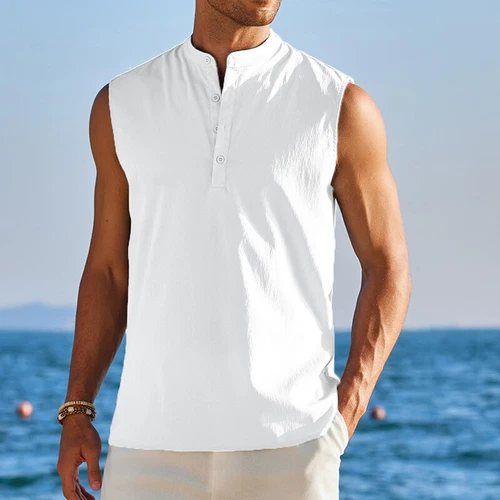 Camiseta sin mangas sin mangas de color liso para hombre Camiseta informal Chaleco de playa Camiseta - Imagen 2 de 27