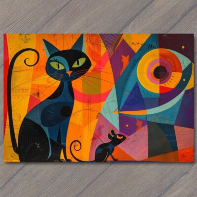 POSTCARD Cat And Mouse Unlikely Friends Colorful Cubism Retro Look Cute Funny