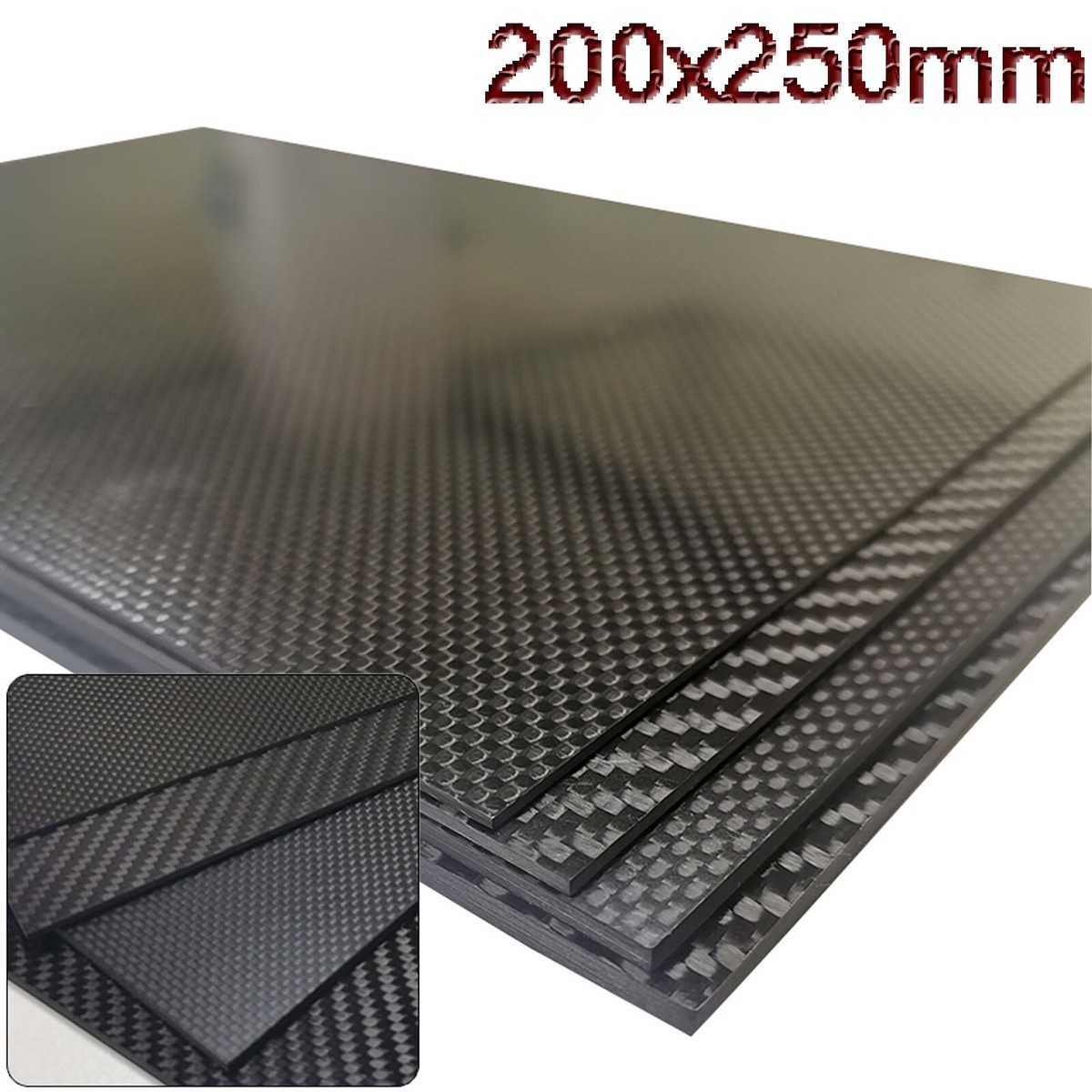 IkErna Foglio Di Pannelli in Fibra Di Carbonio 3K, Piastra Laminato in Fibra 100% 250X250 Mm, Pannello a Trama Semplice, Superficie Liscia/2Mm