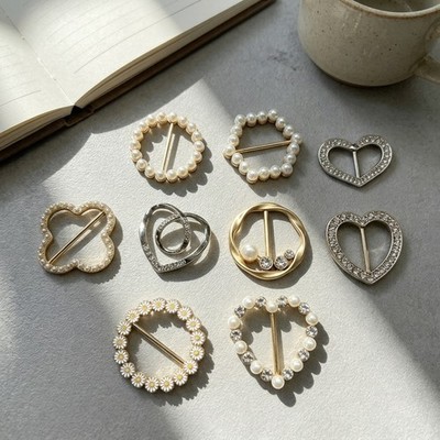 Pearl Rhinestone Shirt Hem Knot Buckles,8Pcs Metal Scarf Ring Waist Adjust Clips