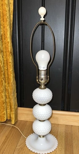 VTG Fenton Milk Glass Hobnail Lamp 24.5” Stacked Globe MCM Table Light Tested