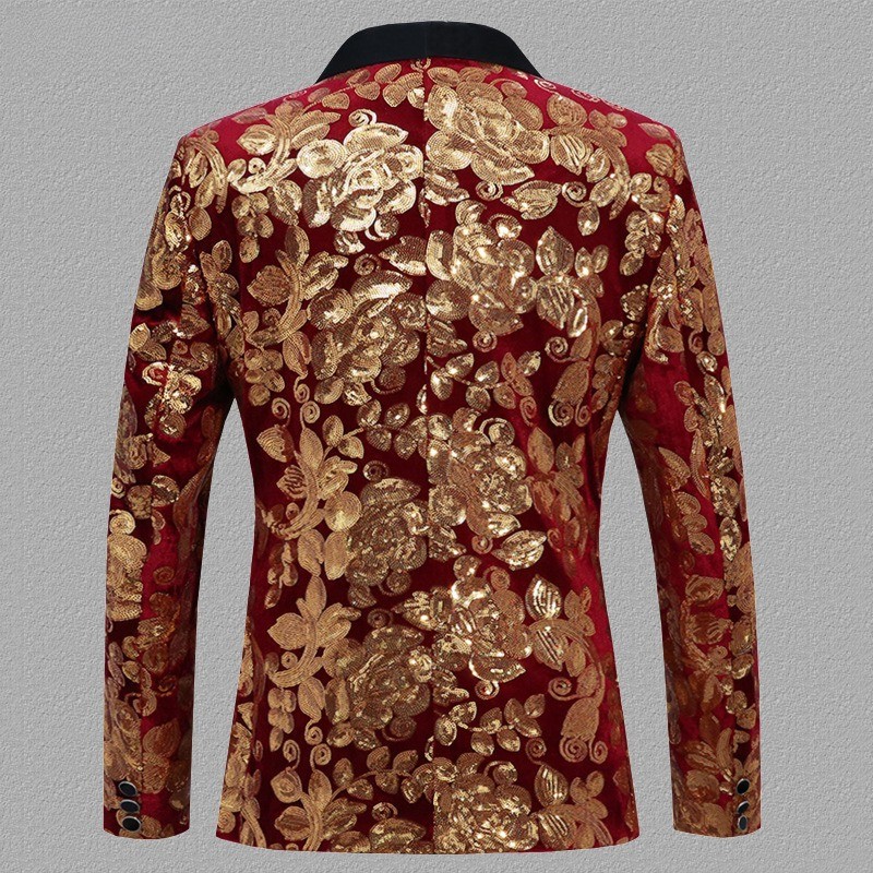 Men Velvet Blazer Jacket Shiny Gold Sequined Floral Stage Dress Performance Coat image 7