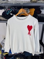 AMI Paris De Coeur Women  s White Knit Sweater Size M Heart Logo Pullo