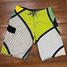 Quiksilver Board Shorts Mens 34 Green Yellow Geometric Striped Cargo Pocket