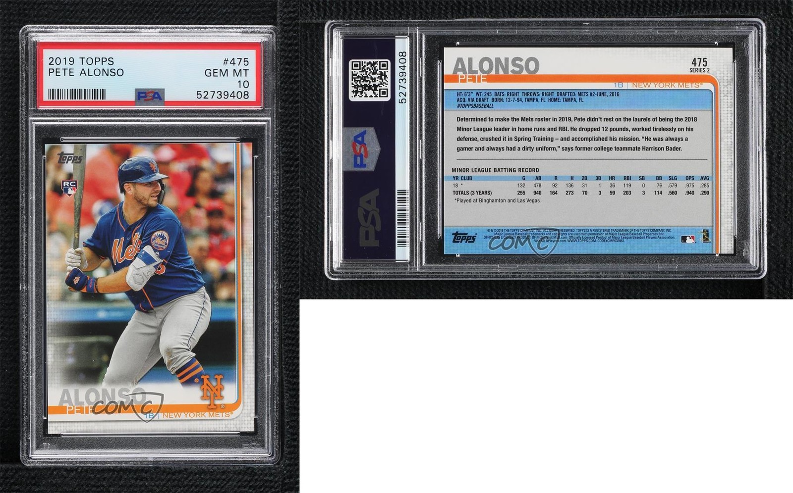 2019 Topps Pete Alonso (Batting) #475 PSA 10 GEM MT Rookie RC view 3