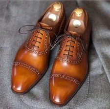 Handcrafted Men's Tan Leather Oxford Cap-Toe Lace Up Formal Business Wear Shoes