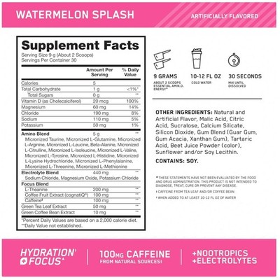 Amino Energy Powder + BCAA & Electrolytes, Watermelon Flavor=