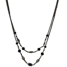 Elegant Vintage Bronze Black Beaded Necklace Filigree Accents Formal Jewelry