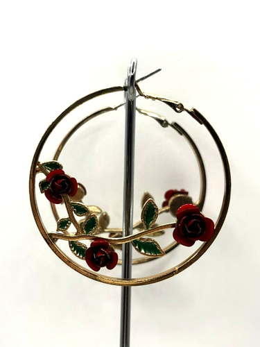 Carved Metal Red Rose Flower Vine Gold Tone 2 Inch Hoop Earrings - Picture 14 of 24