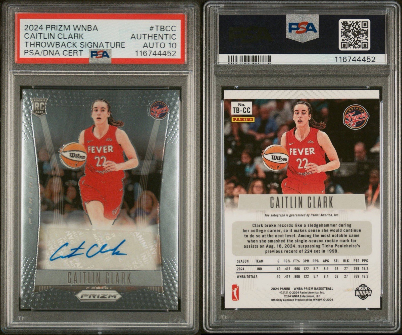 2024 Panini Prizm WNBA Throwback Signatures Caitlin Clark TB-CC PSA AUTH AUTO 10 view 3
