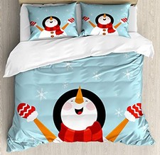 Christmas Duvet Cover Set, Happy Smiling Snowman Ornate Queen Soft Blue