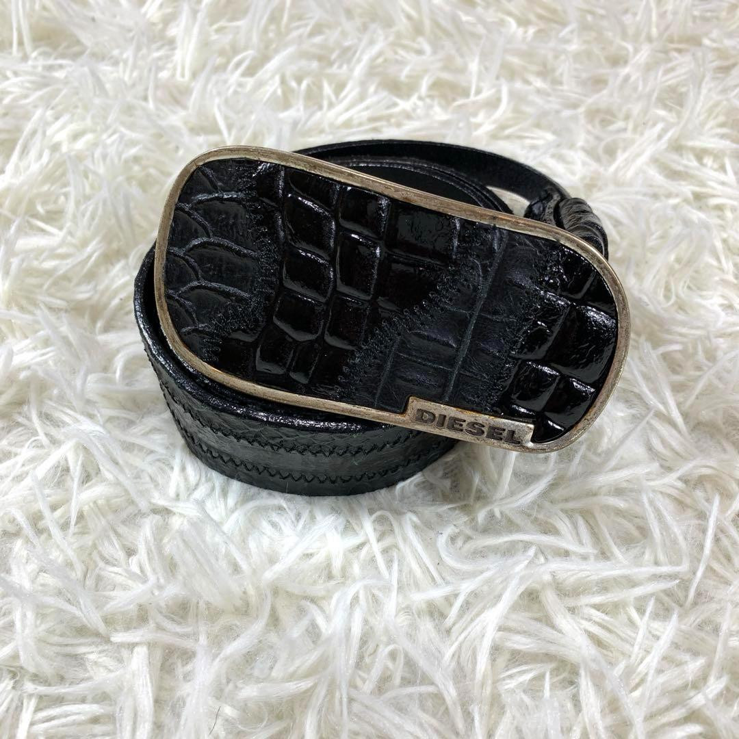 Diesel Black Embossed Leather Belt Size 32/80 With Buckle Pre-Owned