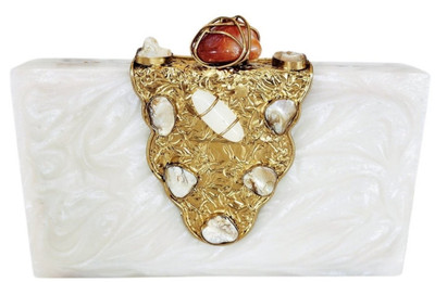 Gold and Stone Embellished White Resin Clutch