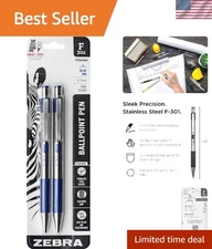 F-301 Retractable Ballpoint Pen 2-Pack, 0.7mm Blue Ink, Stainless Steel Elegance