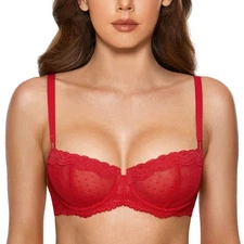 Lace Underwire Balconette Demi Bra Sheer Plus Size Lipstick Red 38B