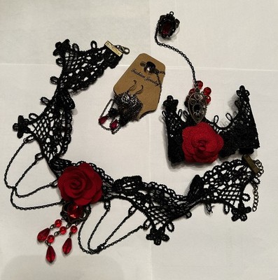 Emo Gothic Vampire Red Rose Choker Necklace Single Glove w/ Ring + Earrings Cuff
