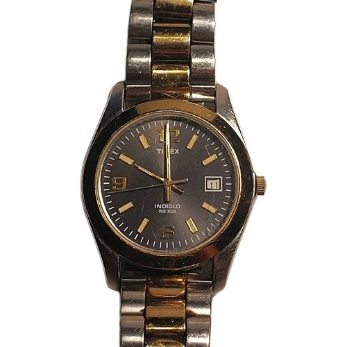 Vintage Timex Indiglo Men's Two Tone Expansion Band Watch Navy Blue Dial Date