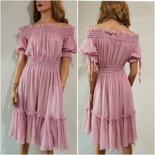 🆓US🛃 ALEXANDER MCQUEEN Off Shoulder Ruffle Pink silk dress IT 40