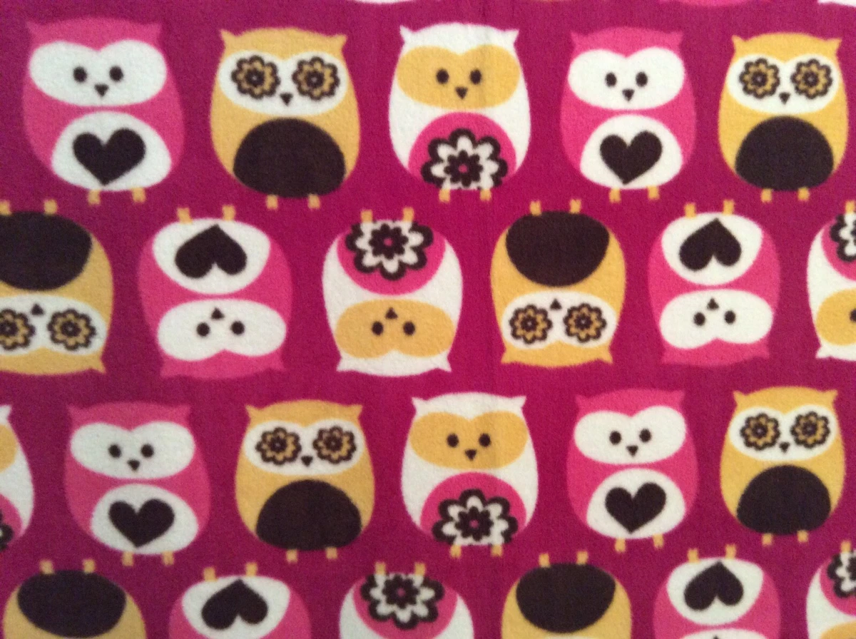 Cute owl animal print fleece fabric on burgundy purple 60