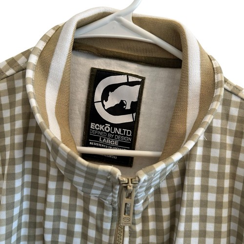 Ecko Unlimited Streetwear Zip-Up Gingham Track Jacket-Lightweight-Tan-White- L - Picture 3 of 9