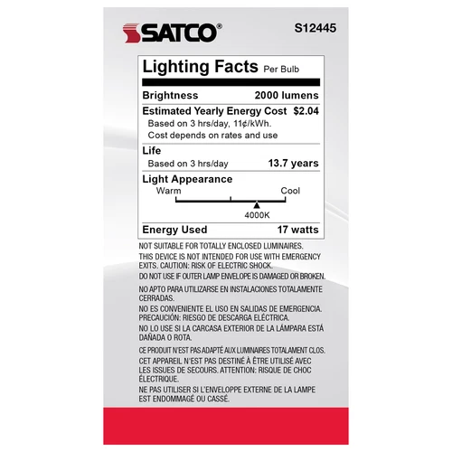 Satco S12445 LED 120 Volt 17W =125W A21 Medium E26 Dimmable 4000K Cool White - Picture 9 of 12