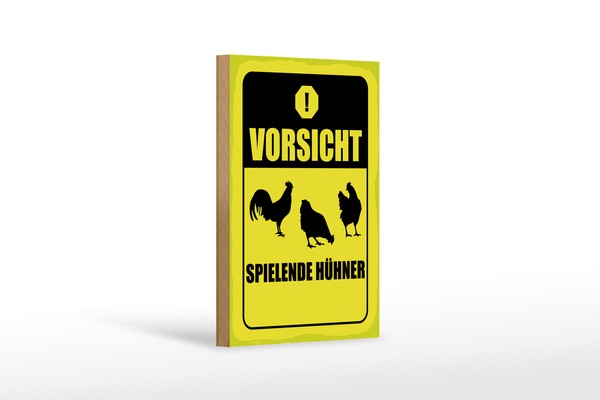 Holzschild Hinweis 20X30 Cm Vorsicht Spielende HüHner Gelbes Deko Schild-image