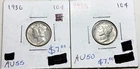 Pair of 1936 United States Mercury Dime 10c