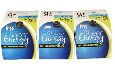 (3 Pack) Leggs Sheer Energy Control Top Tights Q+ BLACK 360° Med Support 95701