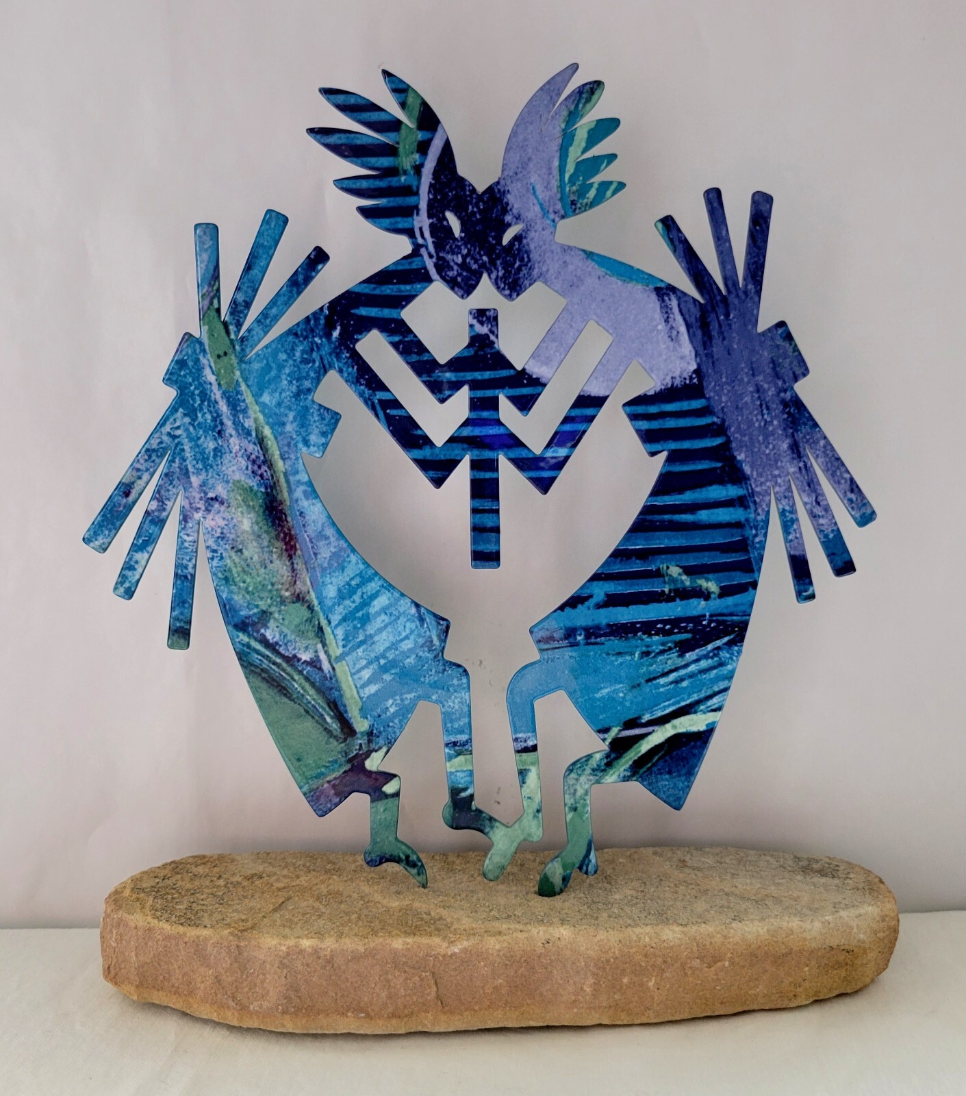 Kokopelli Metal Sculpture 2 Dancers Stone Rock Base Blue, Green
