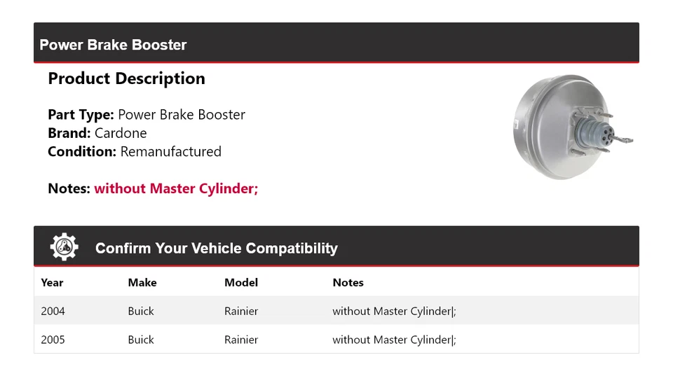 For 2004-2005 Buick Rainier Power Brake Booster Cardone — 第 2/4 张图片