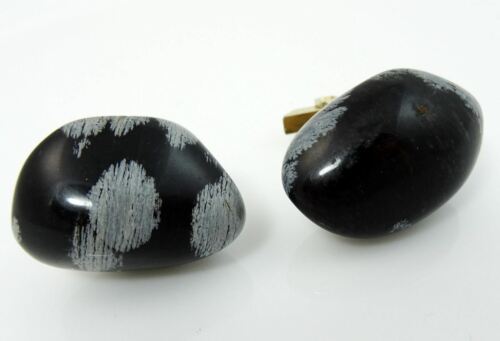 Snowflake Obsidian Black Gray Stone Cufflinks Vintage 1960s Large - Picture 1 of 2