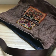 VTG Thailand Embroidered Fabric Brown Bag Leather Handle Bells Old Silver Coins